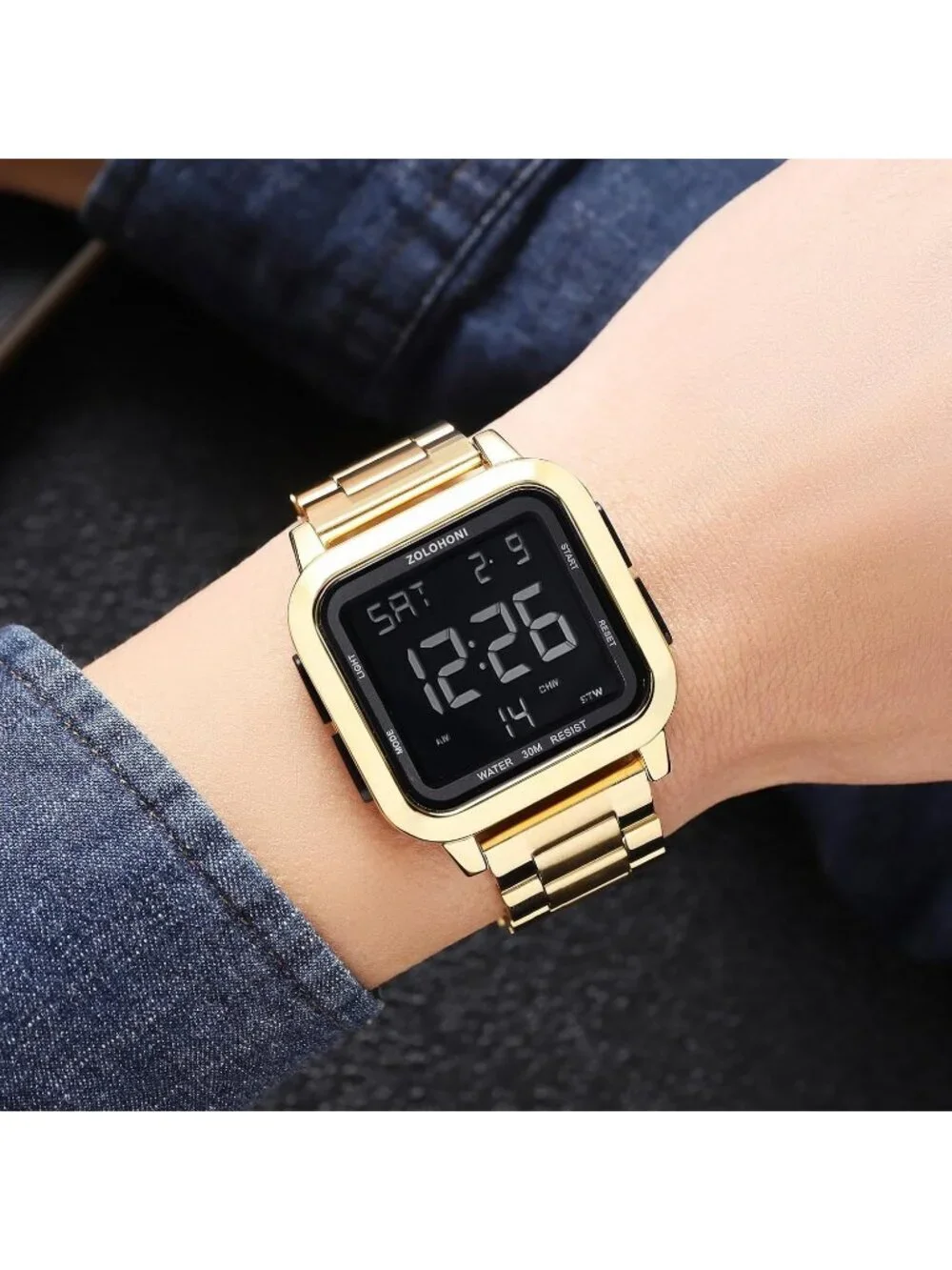 Men's Gold Black Analog Quartz Stainless Steel Waterproof Square Digital Watch